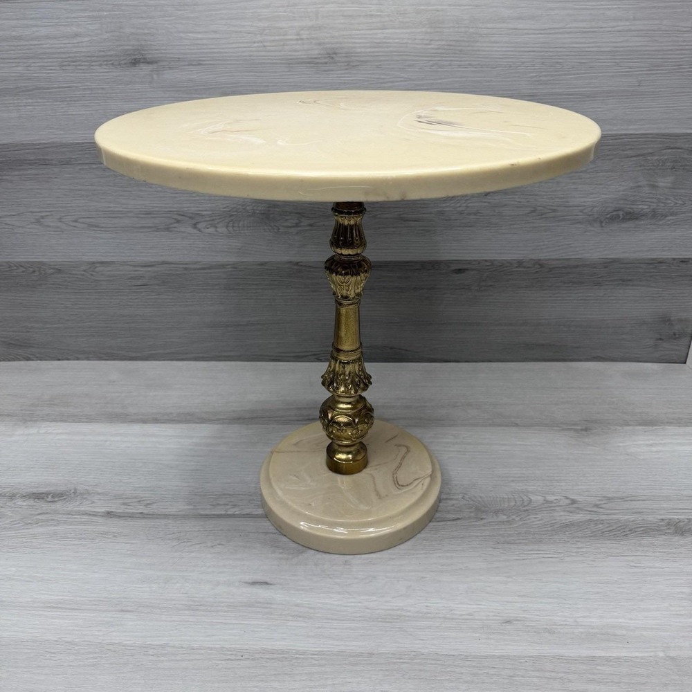 Brass Stem Beige Pedestal Table Plant Stand 18in Hollywood Regency MCM Neoclassi